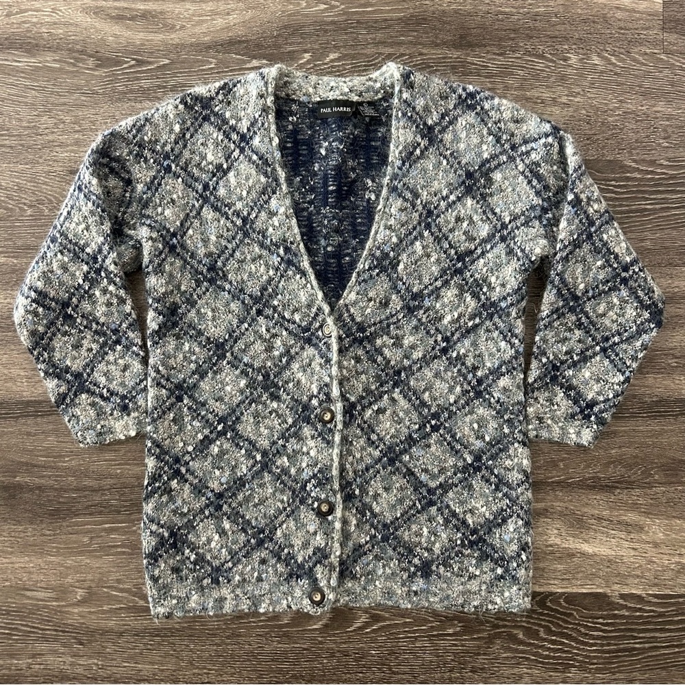 Vintage Paul Harris Wool Mohair Blend Check Cardigan Sweater Size L Grandpa 90s